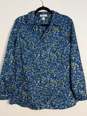 Coldwater Creek Womens 1X/18 Blouse Blue Floral Button Up Longsleeve Lightweight